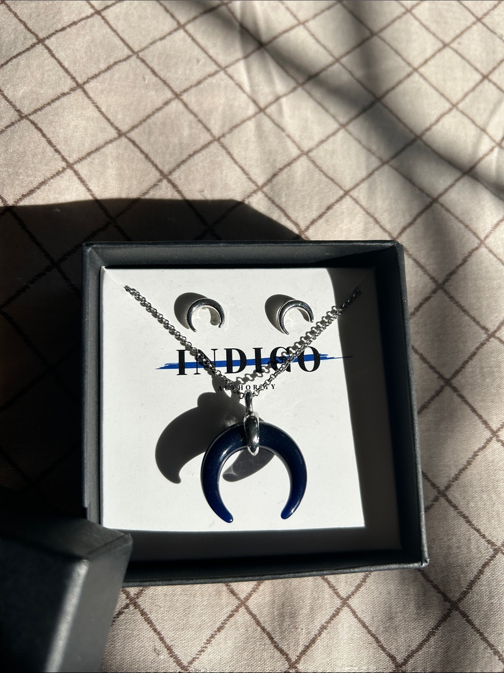 Indigo Navy Crescent Pendant Necklace and Stud Earrings